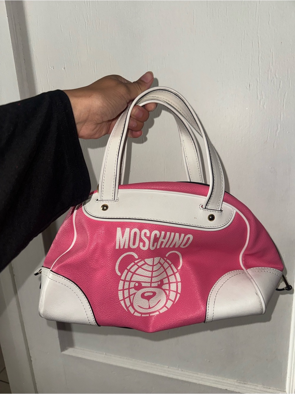 Moschino Pink and White Teddy Logo Dome Satchel Bag